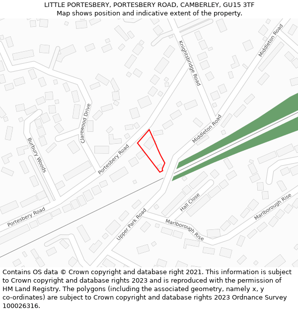 LITTLE PORTESBERY, PORTESBERY ROAD, CAMBERLEY, GU15 3TF: Location map and indicative extent of plot