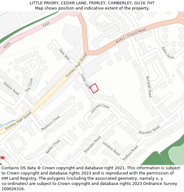 LITTLE PRIORY, CEDAR LANE, FRIMLEY, CAMBERLEY, GU16 7HT: Location map and indicative extent of plot