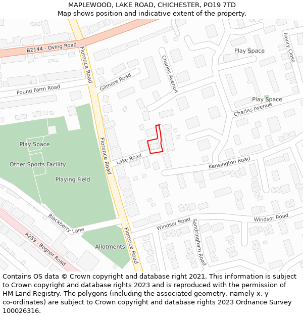 MAPLEWOOD, LAKE ROAD, CHICHESTER, PO19 7TD: Location map and indicative extent of plot