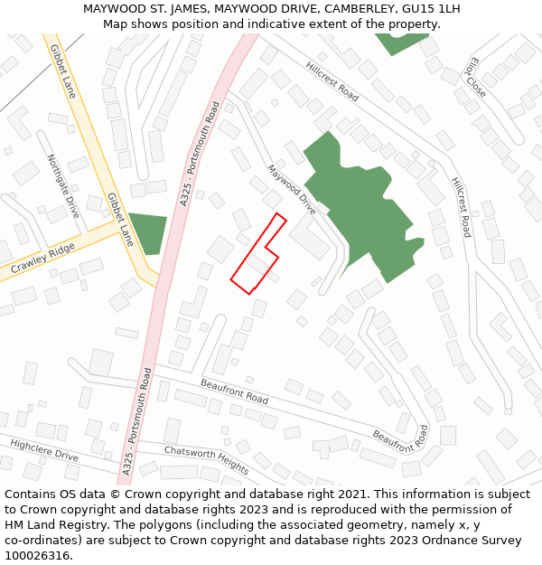 MAYWOOD ST. JAMES, MAYWOOD DRIVE, CAMBERLEY, GU15 1LH: Location map and indicative extent of plot