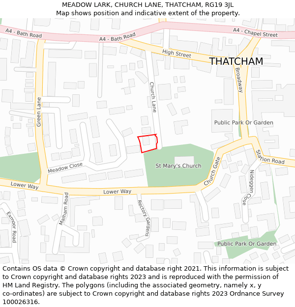 MEADOW LARK, CHURCH LANE, THATCHAM, RG19 3JL: Location map and indicative extent of plot