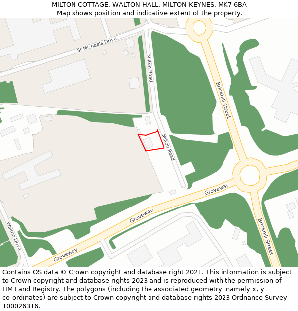 MILTON COTTAGE, WALTON HALL, MILTON KEYNES, MK7 6BA: Location map and indicative extent of plot