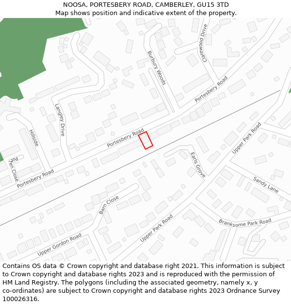 NOOSA, PORTESBERY ROAD, CAMBERLEY, GU15 3TD: Location map and indicative extent of plot