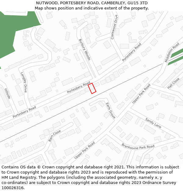 NUTWOOD, PORTESBERY ROAD, CAMBERLEY, GU15 3TD: Location map and indicative extent of plot