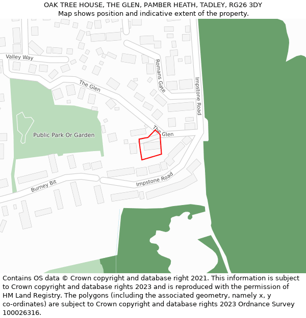 OAK TREE HOUSE, THE GLEN, PAMBER HEATH, TADLEY, RG26 3DY: Location map and indicative extent of plot