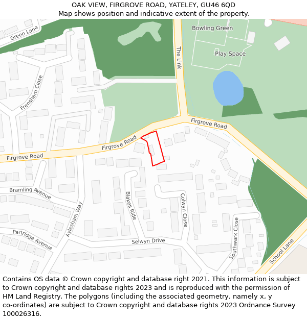 OAK VIEW, FIRGROVE ROAD, YATELEY, GU46 6QD: Location map and indicative extent of plot