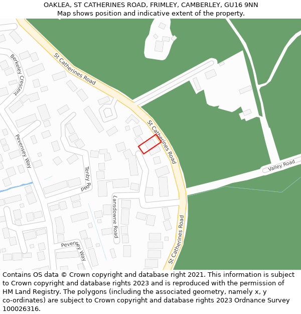 OAKLEA, ST CATHERINES ROAD, FRIMLEY, CAMBERLEY, GU16 9NN: Location map and indicative extent of plot