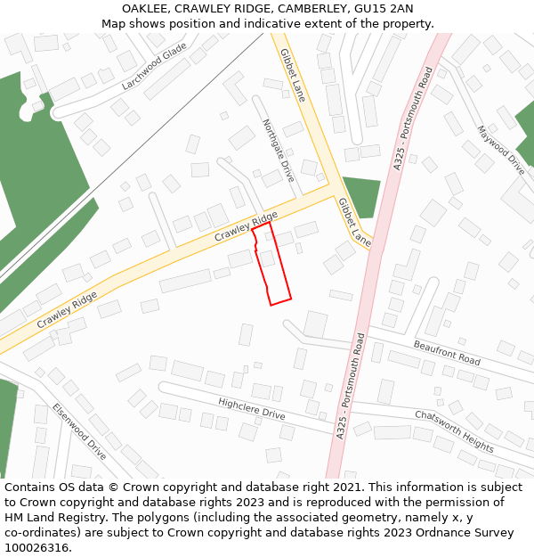 OAKLEE, CRAWLEY RIDGE, CAMBERLEY, GU15 2AN: Location map and indicative extent of plot