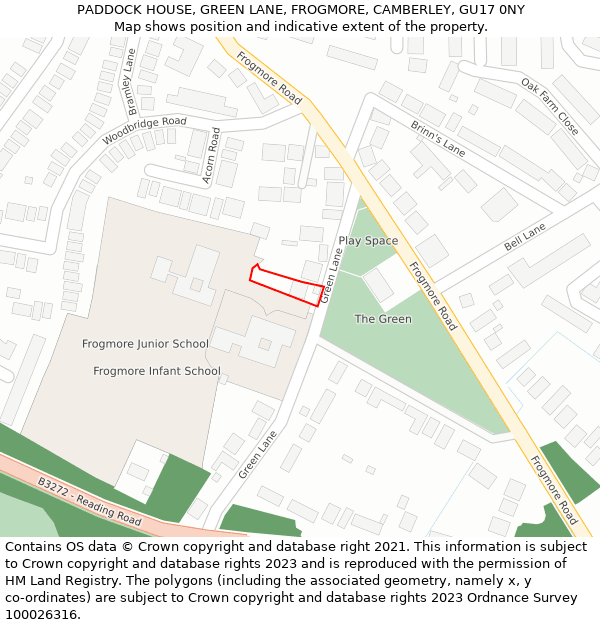 PADDOCK HOUSE, GREEN LANE, FROGMORE, CAMBERLEY, GU17 0NY: Location map and indicative extent of plot