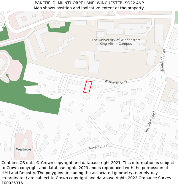 PAKEFIELD, MILNTHORPE LANE, WINCHESTER, SO22 4NP: Location map and indicative extent of plot