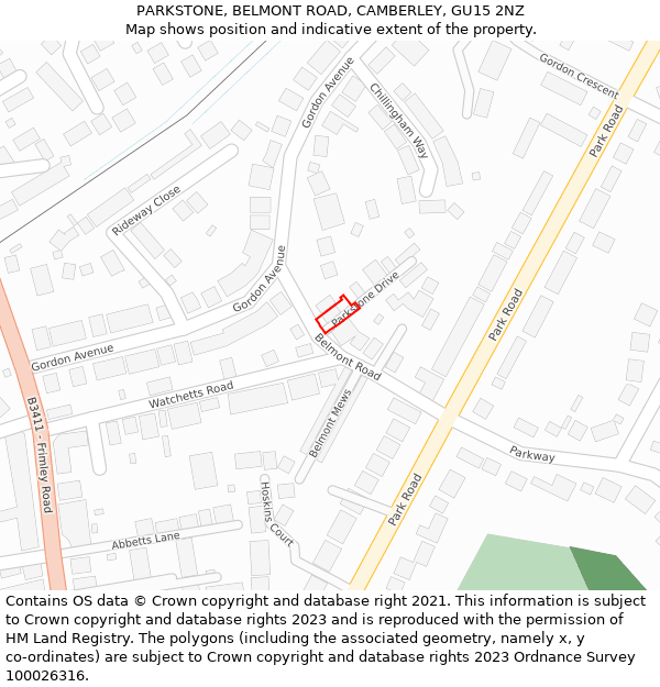 PARKSTONE, BELMONT ROAD, CAMBERLEY, GU15 2NZ: Location map and indicative extent of plot