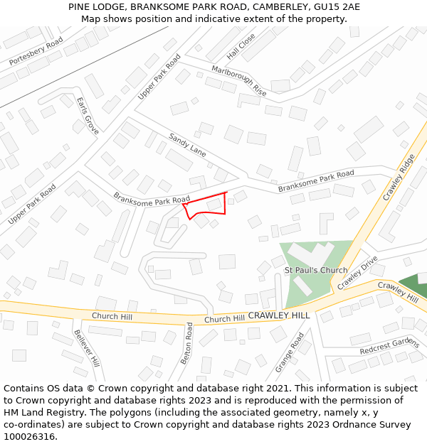 PINE LODGE, BRANKSOME PARK ROAD, CAMBERLEY, GU15 2AE: Location map and indicative extent of plot