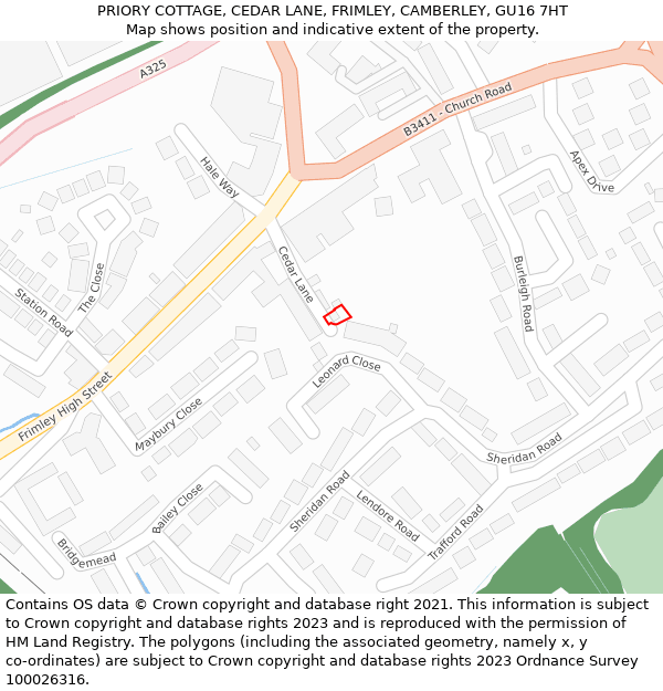 PRIORY COTTAGE, CEDAR LANE, FRIMLEY, CAMBERLEY, GU16 7HT: Location map and indicative extent of plot