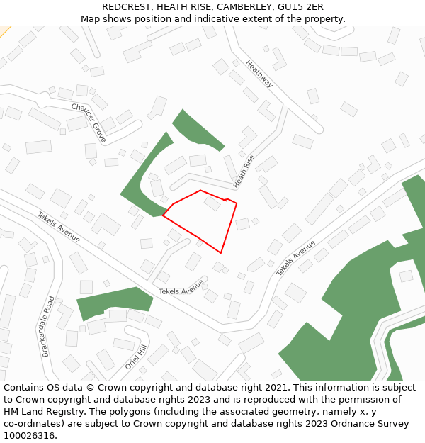 REDCREST, HEATH RISE, CAMBERLEY, GU15 2ER: Location map and indicative extent of plot