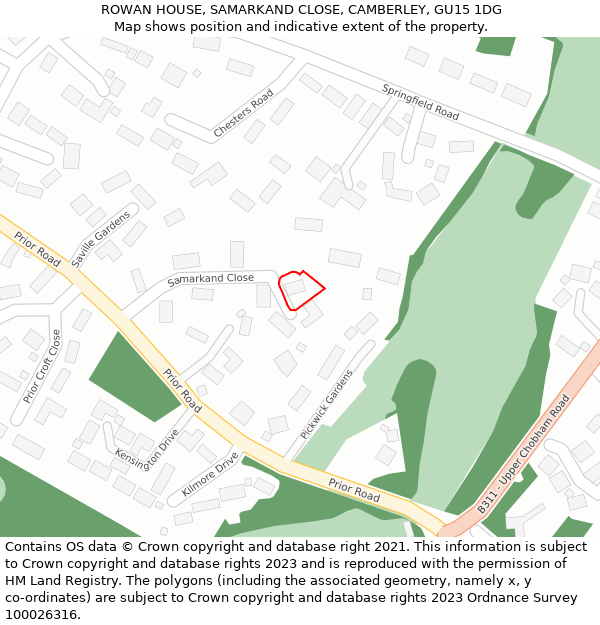 ROWAN HOUSE, SAMARKAND CLOSE, CAMBERLEY, GU15 1DG: Location map and indicative extent of plot