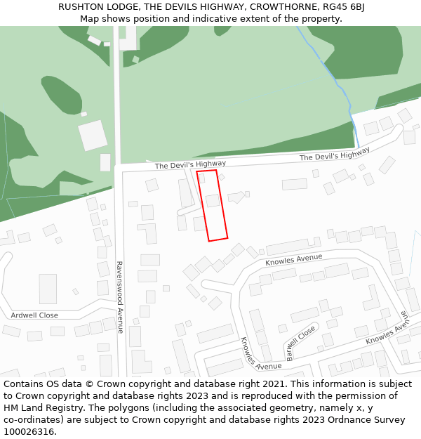 RUSHTON LODGE, THE DEVILS HIGHWAY, CROWTHORNE, RG45 6BJ: Location map and indicative extent of plot