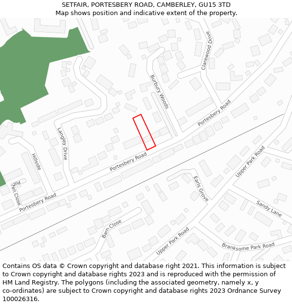 SETFAIR, PORTESBERY ROAD, CAMBERLEY, GU15 3TD: Location map and indicative extent of plot