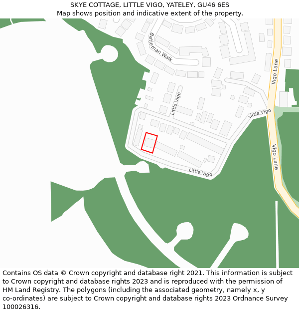 SKYE COTTAGE, LITTLE VIGO, YATELEY, GU46 6ES: Location map and indicative extent of plot