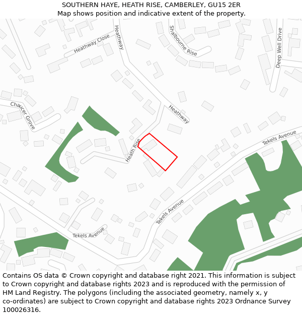 SOUTHERN HAYE, HEATH RISE, CAMBERLEY, GU15 2ER: Location map and indicative extent of plot