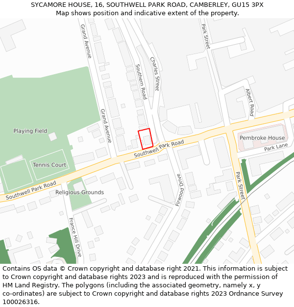 SYCAMORE HOUSE, 16, SOUTHWELL PARK ROAD, CAMBERLEY, GU15 3PX: Location map and indicative extent of plot
