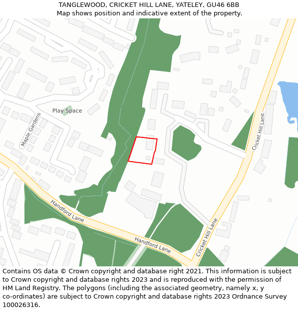TANGLEWOOD, CRICKET HILL LANE, YATELEY, GU46 6BB: Location map and indicative extent of plot