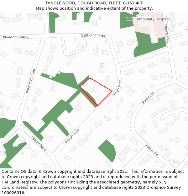 TANGLEWOOD, GOUGH ROAD, FLEET, GU51 4LT: Location map and indicative extent of plot