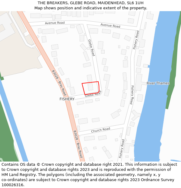 THE BREAKERS, GLEBE ROAD, MAIDENHEAD, SL6 1UH: Location map and indicative extent of plot