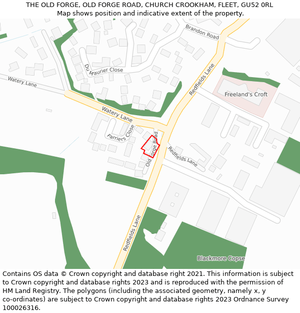 THE OLD FORGE, OLD FORGE ROAD, CHURCH CROOKHAM, FLEET, GU52 0RL: Location map and indicative extent of plot