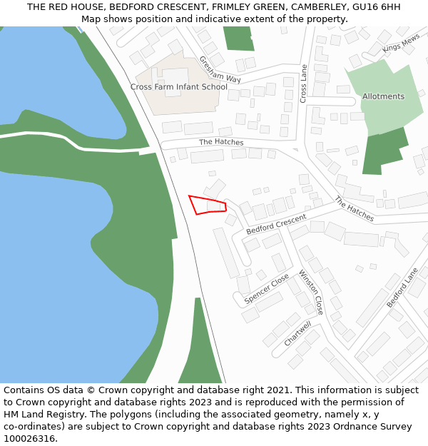 THE RED HOUSE, BEDFORD CRESCENT, FRIMLEY GREEN, CAMBERLEY, GU16 6HH: Location map and indicative extent of plot