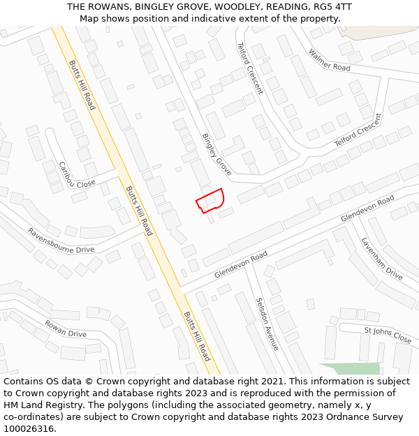 THE ROWANS, BINGLEY GROVE, WOODLEY, READING, RG5 4TT: Location map and indicative extent of plot