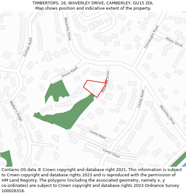 TIMBERTOPS, 16, WAVERLEY DRIVE, CAMBERLEY, GU15 2DL: Location map and indicative extent of plot