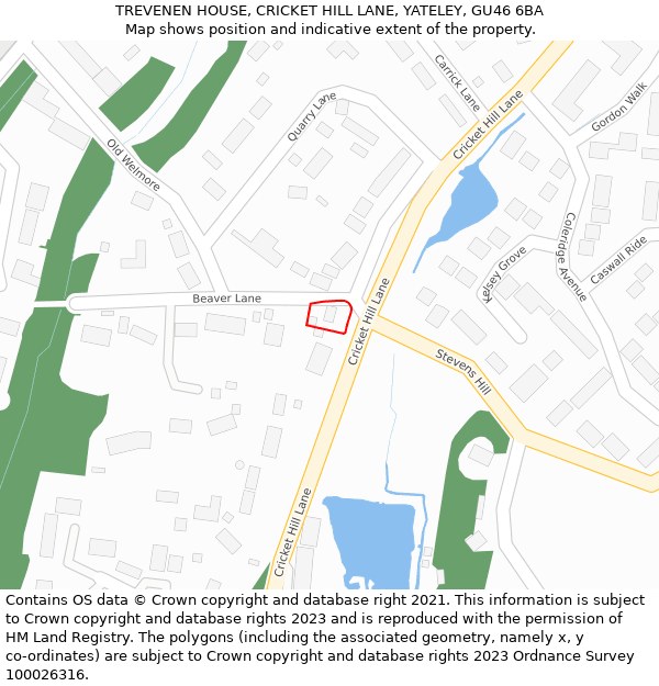 TREVENEN HOUSE, CRICKET HILL LANE, YATELEY, GU46 6BA: Location map and indicative extent of plot