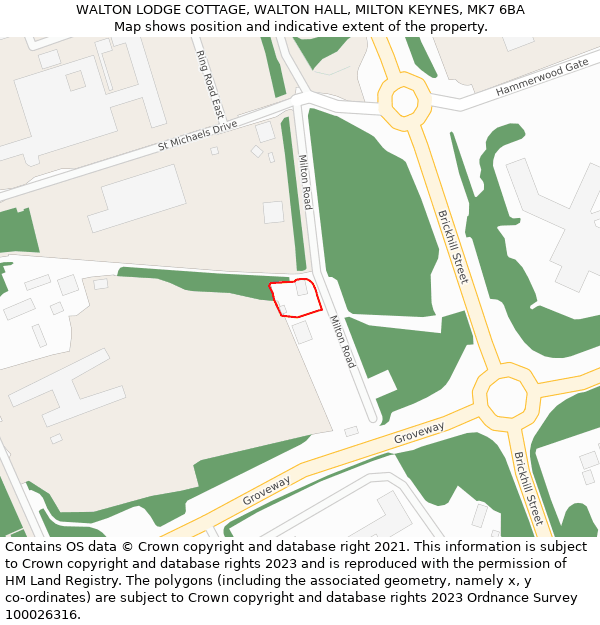 WALTON LODGE COTTAGE, WALTON HALL, MILTON KEYNES, MK7 6BA: Location map and indicative extent of plot
