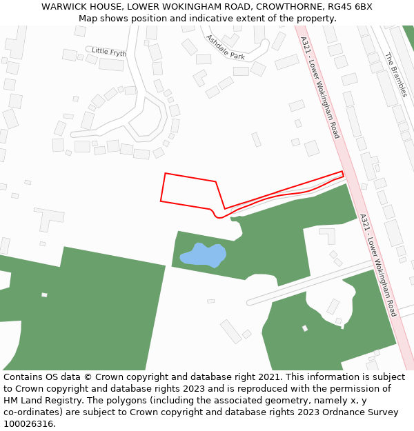 WARWICK HOUSE, LOWER WOKINGHAM ROAD, CROWTHORNE, RG45 6BX: Location map and indicative extent of plot