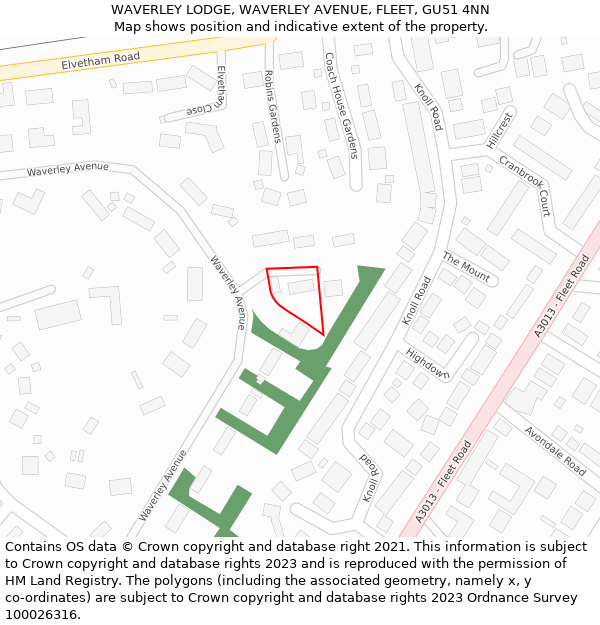 WAVERLEY LODGE, WAVERLEY AVENUE, FLEET, GU51 4NN: Location map and indicative extent of plot