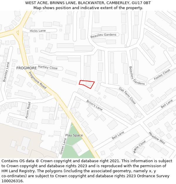 WEST ACRE, BRINNS LANE, BLACKWATER, CAMBERLEY, GU17 0BT: Location map and indicative extent of plot