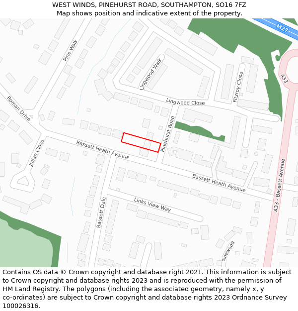 WEST WINDS, PINEHURST ROAD, SOUTHAMPTON, SO16 7FZ: Location map and indicative extent of plot