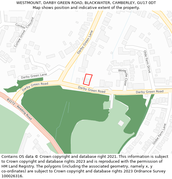 WESTMOUNT, DARBY GREEN ROAD, BLACKWATER, CAMBERLEY, GU17 0DT: Location map and indicative extent of plot