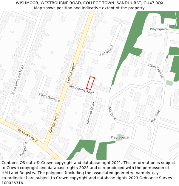 WISHMOOR, WESTBOURNE ROAD, COLLEGE TOWN, SANDHURST, GU47 0QX: Location map and indicative extent of plot