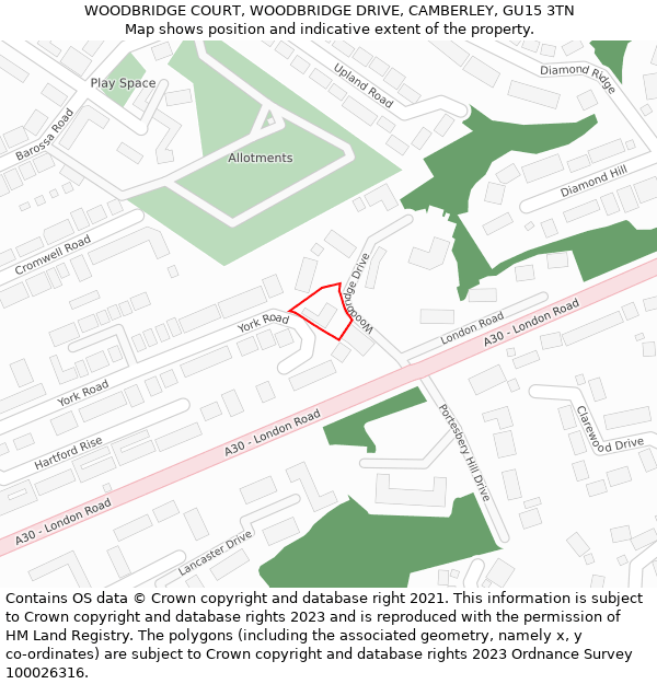WOODBRIDGE COURT, WOODBRIDGE DRIVE, CAMBERLEY, GU15 3TN: Location map and indicative extent of plot