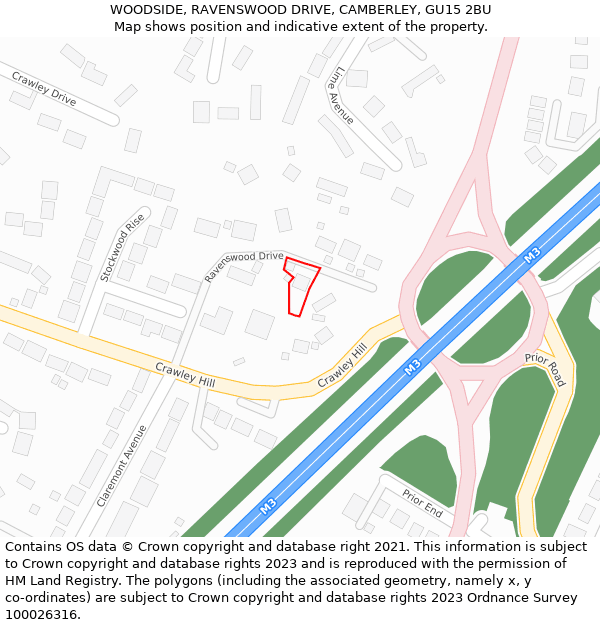 WOODSIDE, RAVENSWOOD DRIVE, CAMBERLEY, GU15 2BU: Location map and indicative extent of plot