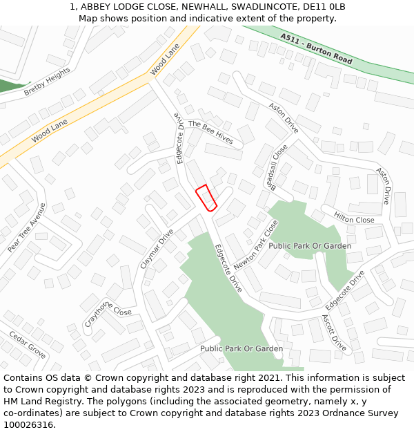 1, ABBEY LODGE CLOSE, NEWHALL, SWADLINCOTE, DE11 0LB: Location map and indicative extent of plot
