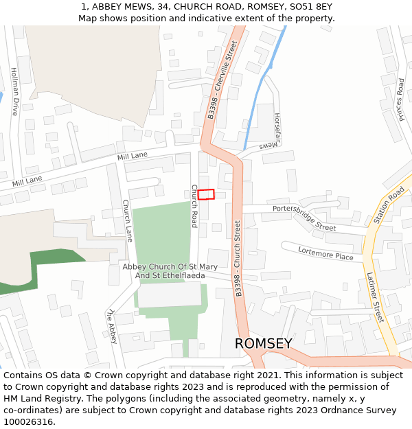 1, ABBEY MEWS, 34, CHURCH ROAD, ROMSEY, SO51 8EY: Location map and indicative extent of plot