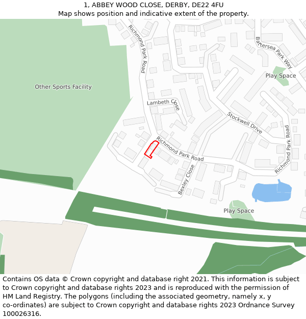 1, ABBEY WOOD CLOSE, DERBY, DE22 4FU: Location map and indicative extent of plot
