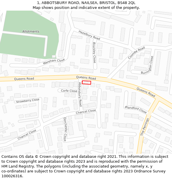 1, ABBOTSBURY ROAD, NAILSEA, BRISTOL, BS48 2QL: Location map and indicative extent of plot