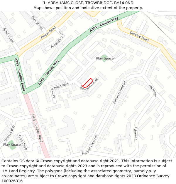 1, ABRAHAMS CLOSE, TROWBRIDGE, BA14 0ND: Location map and indicative extent of plot