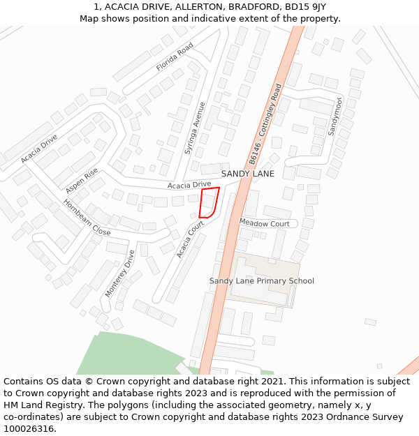 1, ACACIA DRIVE, ALLERTON, BRADFORD, BD15 9JY: Location map and indicative extent of plot