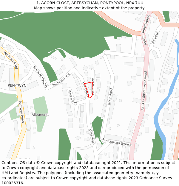 1, ACORN CLOSE, ABERSYCHAN, PONTYPOOL, NP4 7UU: Location map and indicative extent of plot
