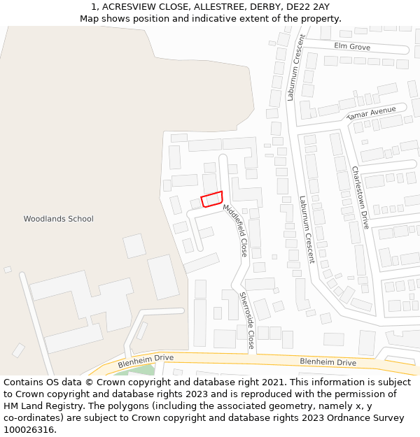 1, ACRESVIEW CLOSE, ALLESTREE, DERBY, DE22 2AY: Location map and indicative extent of plot