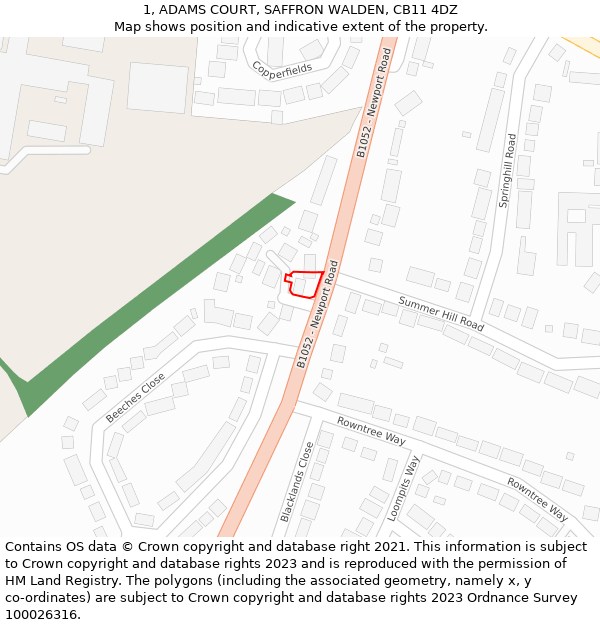 1, ADAMS COURT, SAFFRON WALDEN, CB11 4DZ: Location map and indicative extent of plot